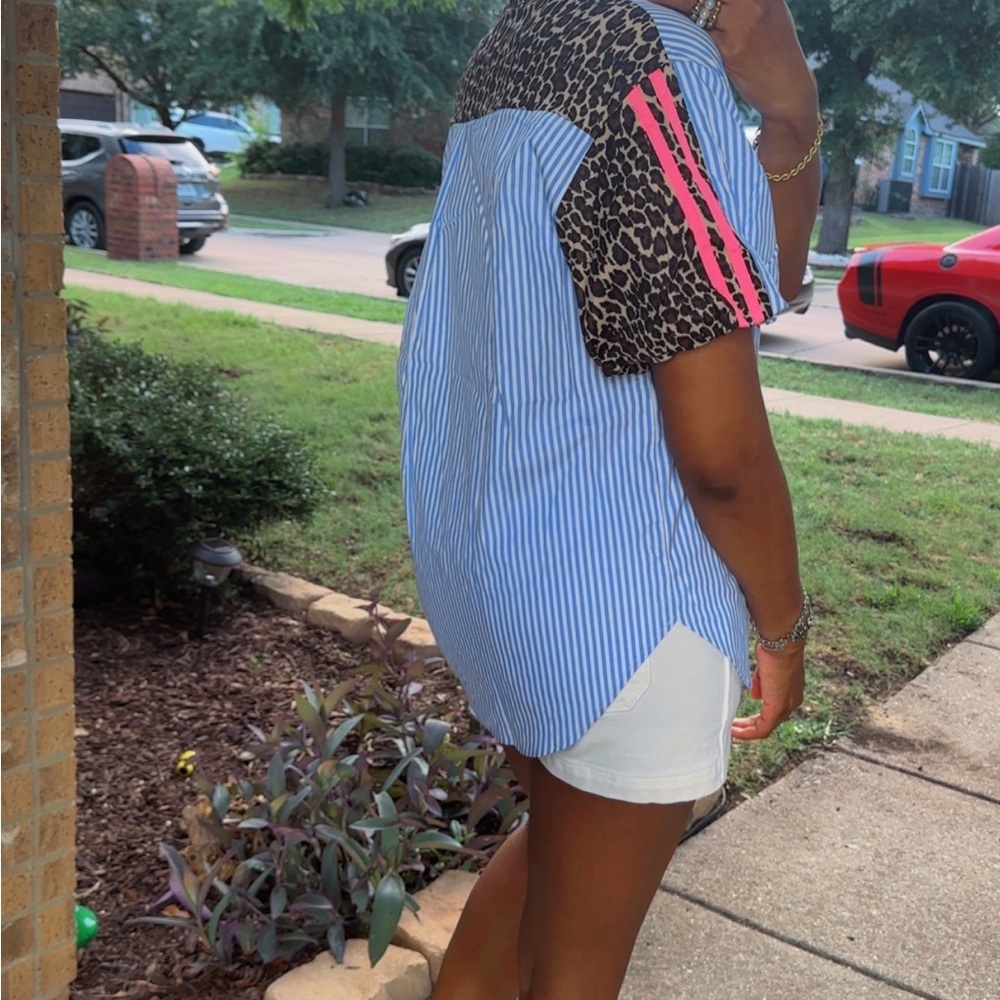 Striped Leopard Print Button Down Top - image 5